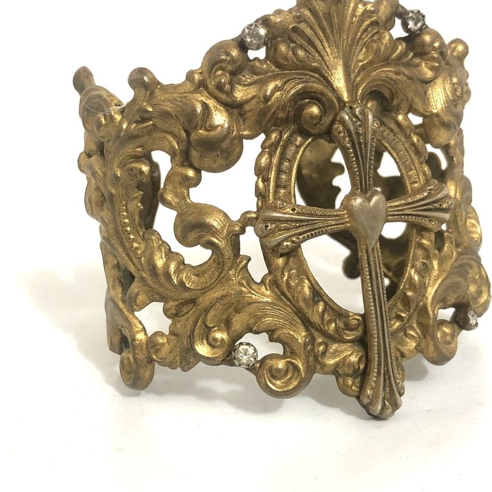Vintage Wide Cuff Bracelet Virgins Saints & Angels Cross Gold Tone Ornate - Picture 3 of 14